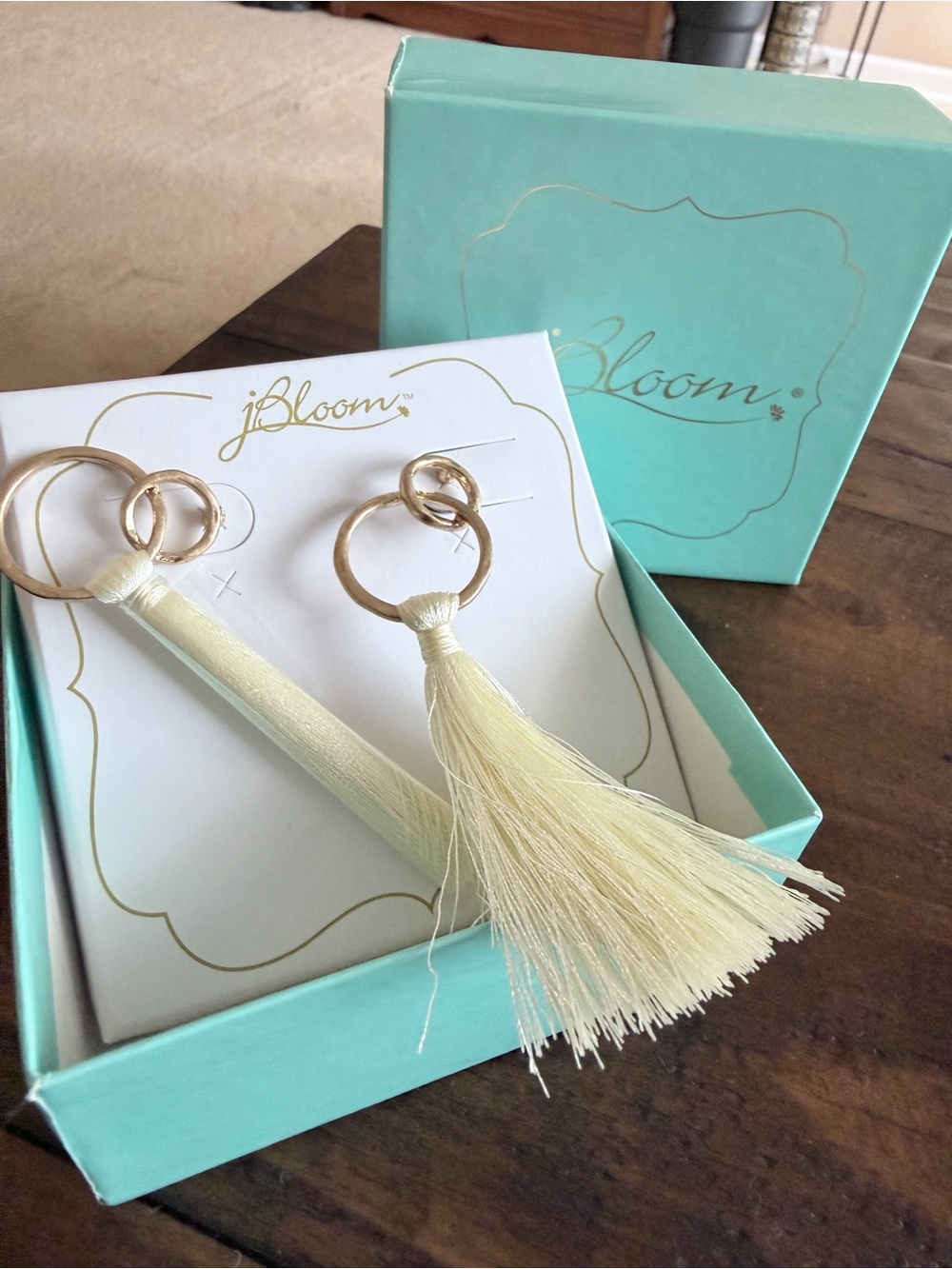 jbloom Cream Tassel Hoop Earrings with Gold Rings